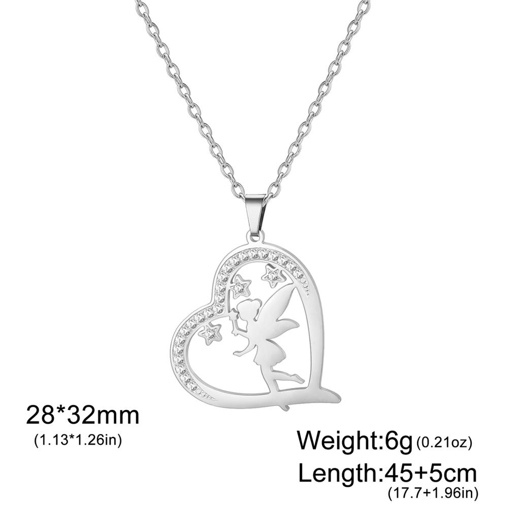 Heart Shaped Elves Fairy Pendant Necklace Stainless Steel Flower Angel Pixie Necklaces Rhinestones Birthday Jewelry Gift