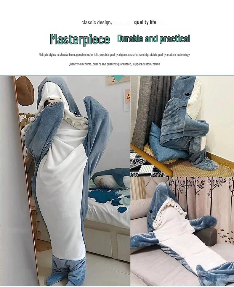 Cute Shark Flannel Pajamas with Chest Pads - Wearable Home & Office One-Piece Outfit