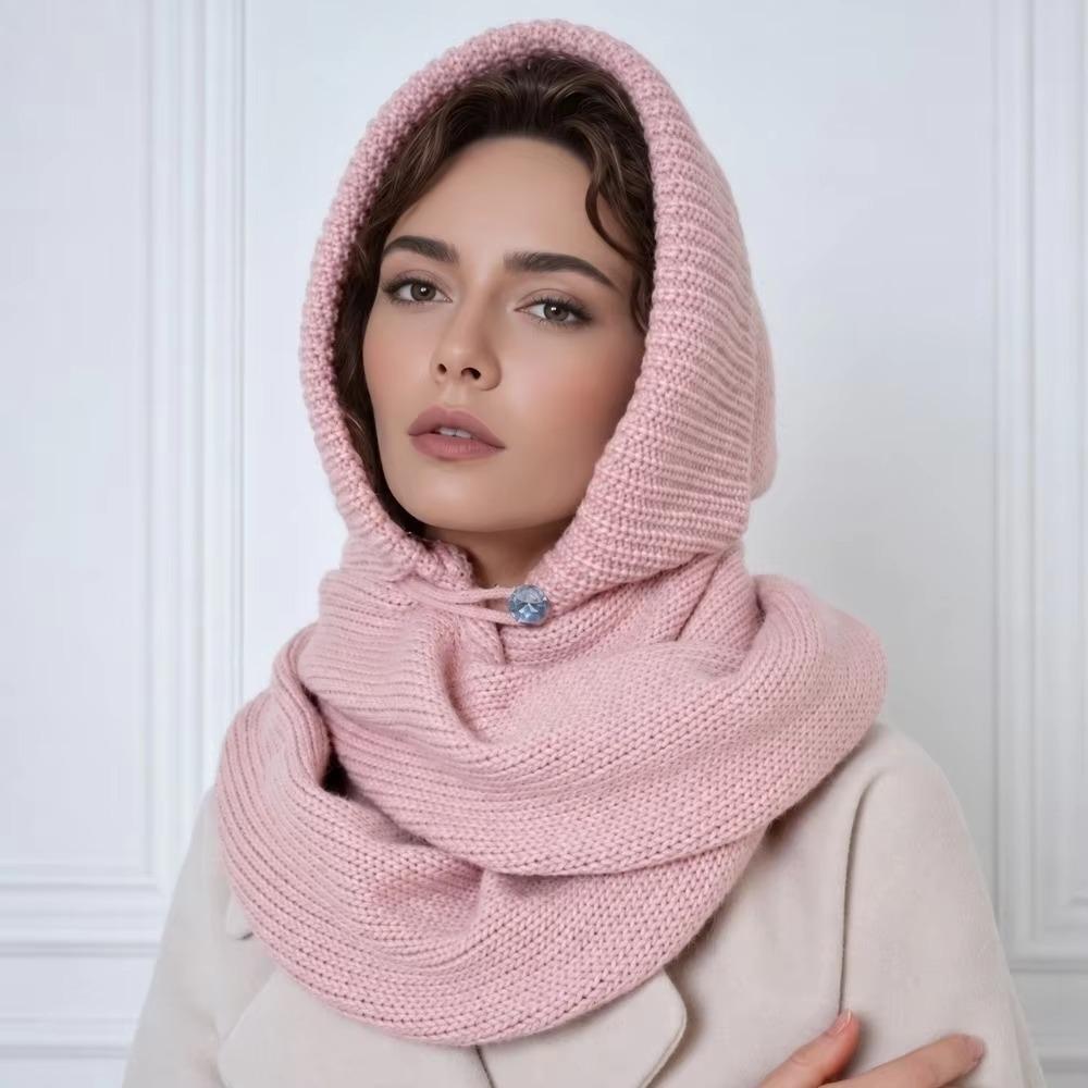 Solid Color Knitted Hooded Scarf Beanie Cross Hooded Cap Cute Hat and Scarf 2-in-1 Outdoor
