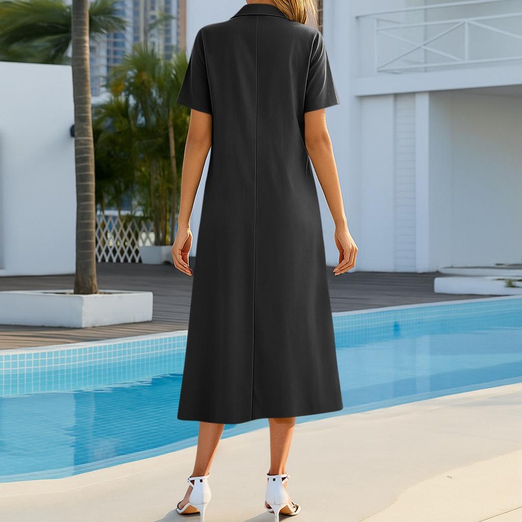 Women's Fashionable Solid Color V Neck Short Sleeved Button Loose Pullover Shirt Dress