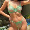 Sexy lingerie set for women: floral-embroidered, ultra-thin lace, sheer thong and seductive bra