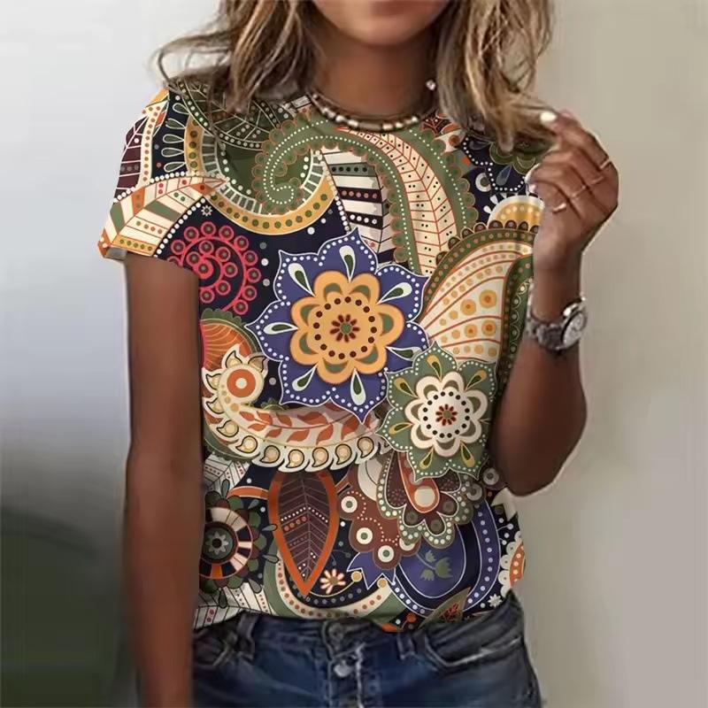 Summer Round Neck Retro Bohemian 3D Print Top Fashionable Casual Short Sleeved Women's T-shirts
