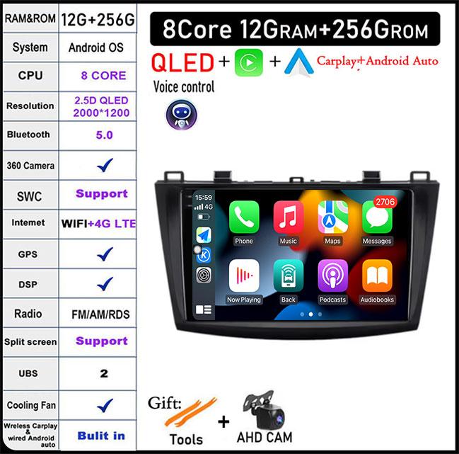 For Mazda 3 Bk Maxx Axel 2010-2013 Android 14 Car Carplay Android Auto Video Radio GPS Navigation Multimedia Player 4G LTE