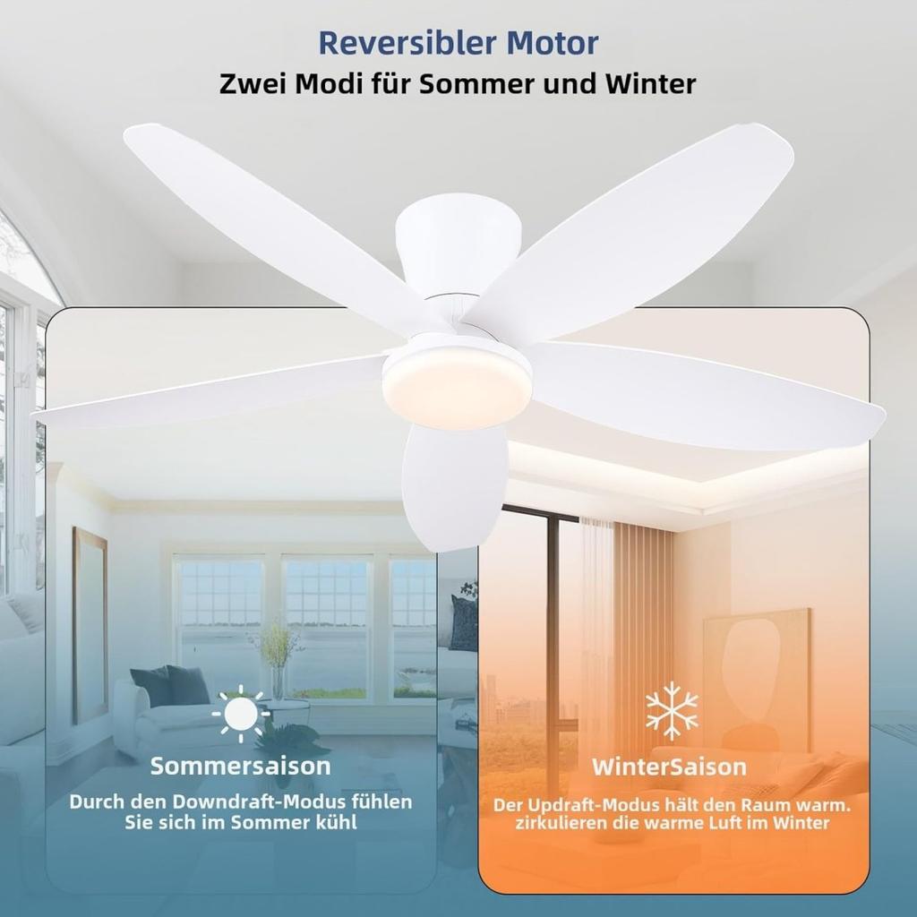 Low-profile ceiling fan with light and remote control, dimmable and silent, suitable for bedrooms and kitchens.