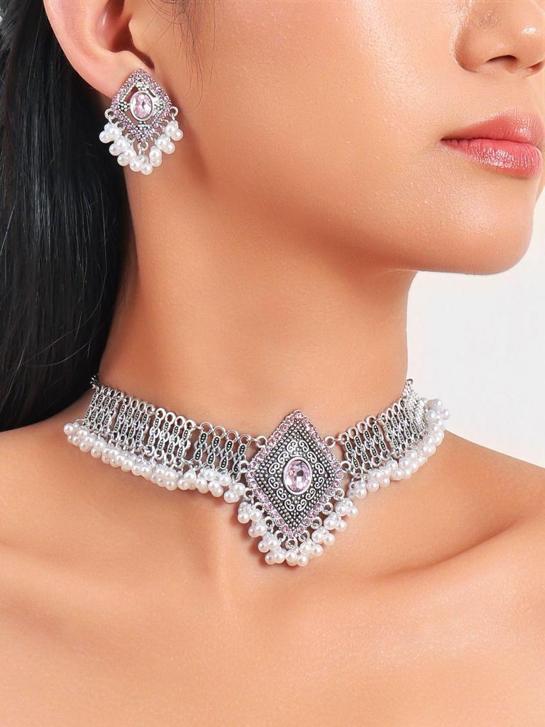 Ethnische geometrische Perlenquaste Rhombus Halsketten- & Ohrring-Set für Damen