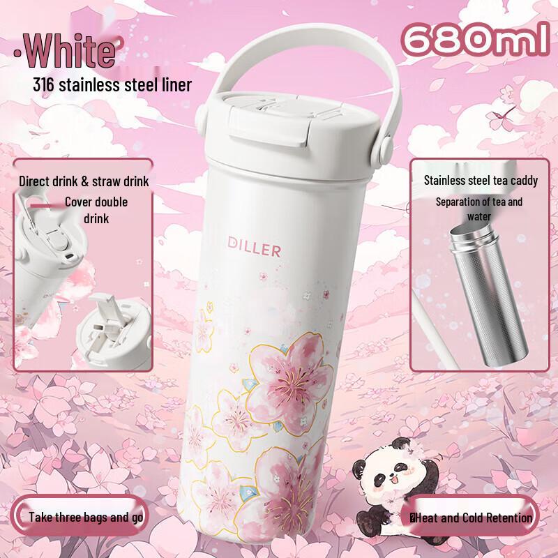 Diller Cherry Blossom Panda 680ml Insulated Water Bottle