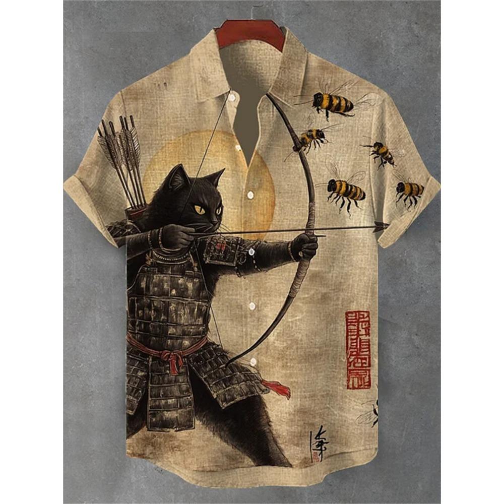 Herren Kurzarmhemd mit Samurai-Katzen-Showdown-Print, Lässiges Hemd mit Kragen, Trendiges Design, Lockerer Schnitt, Einzigartiger Stil, Schnelle Lieferung S