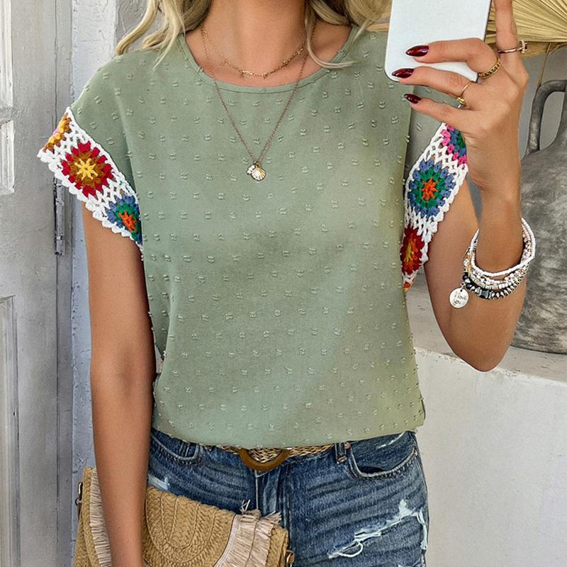 Ladies Summer Ruffles Short Sleeve O Neck Color Block Jacquard Pullover T Shirt Top