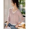Women's V-Neck Zipper Ribbed Fake Two-Piece Sweater