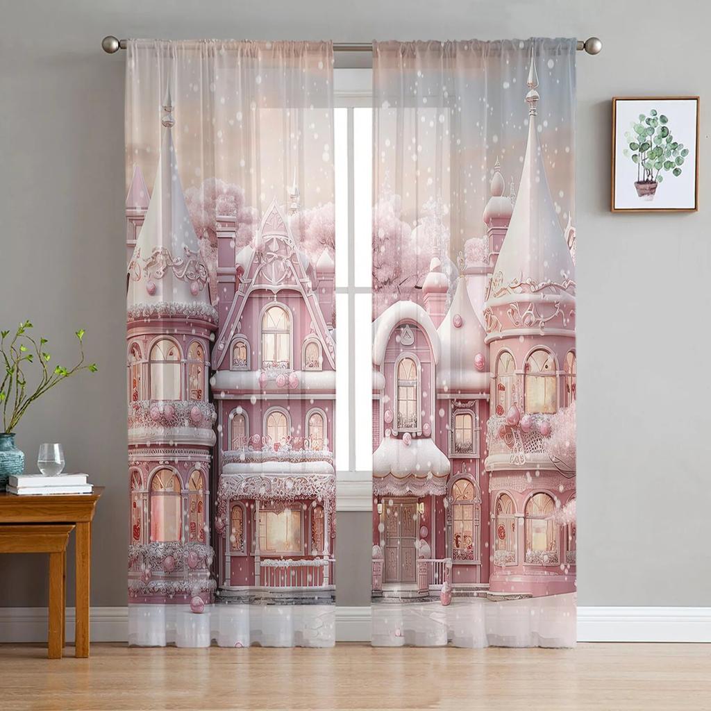 Weihnachten Schneemann Schneeszene Rosa Haus Fenster Tüllvorhänge für Wohnzimmer Küche Weihnachten Heimdeko Transparente Voile-Vorhänge