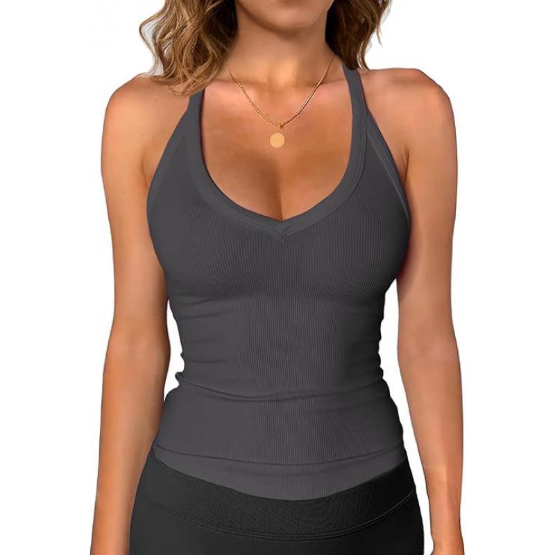 

2026 European & American Women s Sexy Ribbed V-Neck Spaghetti Strap Slim Tank Top - Summer Basic. L серый
