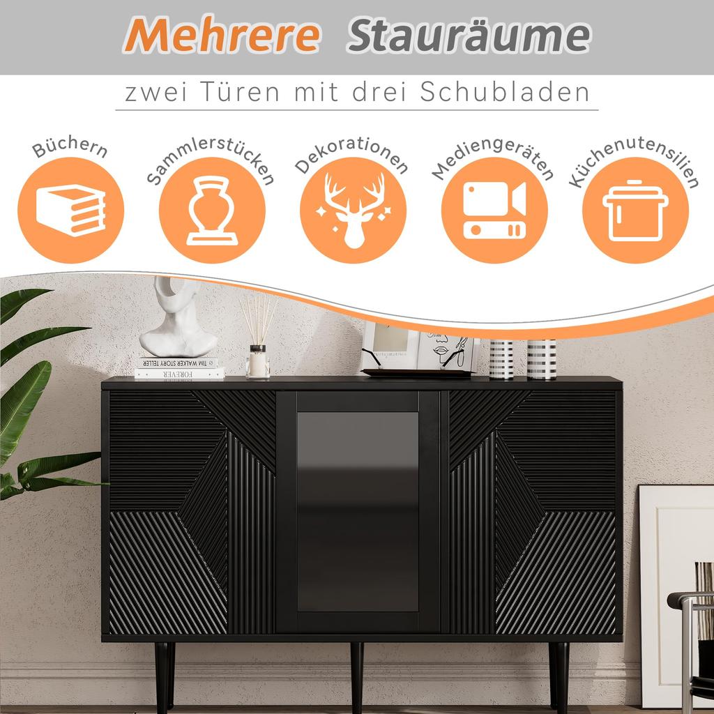Sideboard mit 3 Türen, Kommode mit Glastür und Metalfüßen Buffetschrank für Esszimmer Wohnzimmer oder Flur, 120x38 x79.5 cm, Schwarz