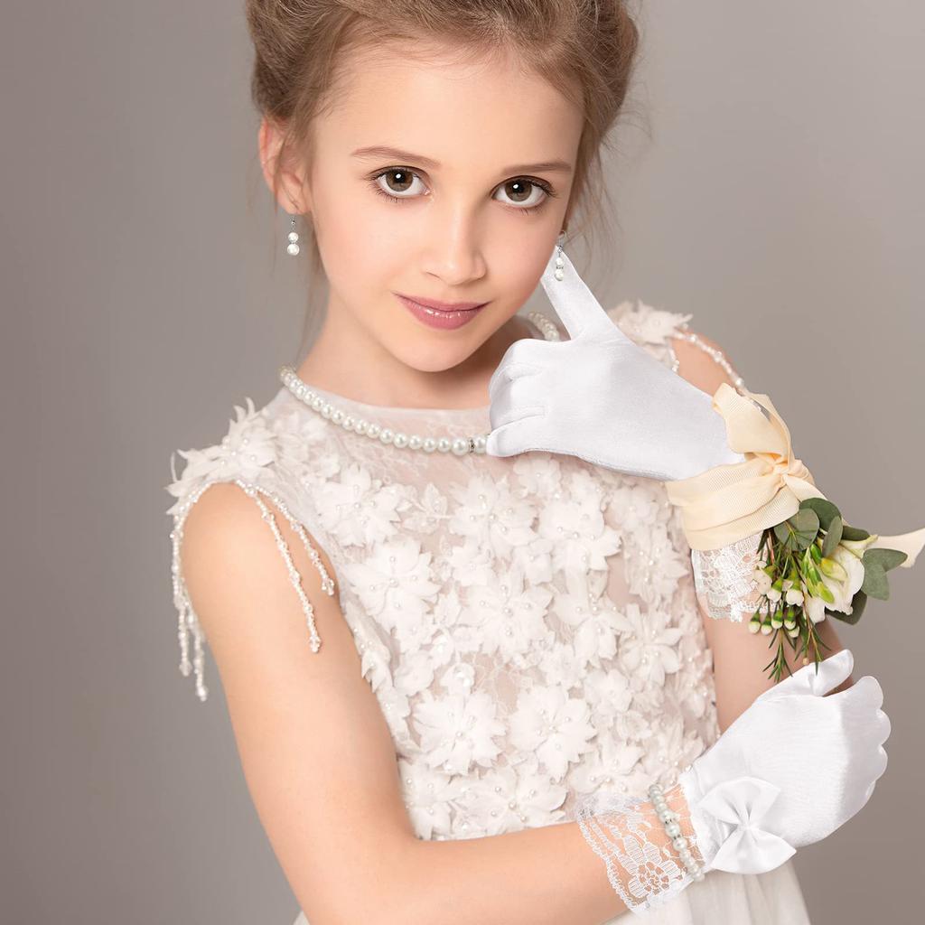 Weißes Elegantes Schleifen Kinder Schmuckset 4 - Teilig: Halskette , Armband , Ohrringe , Ring + Handschuhe für Mädchen Brautjungfer