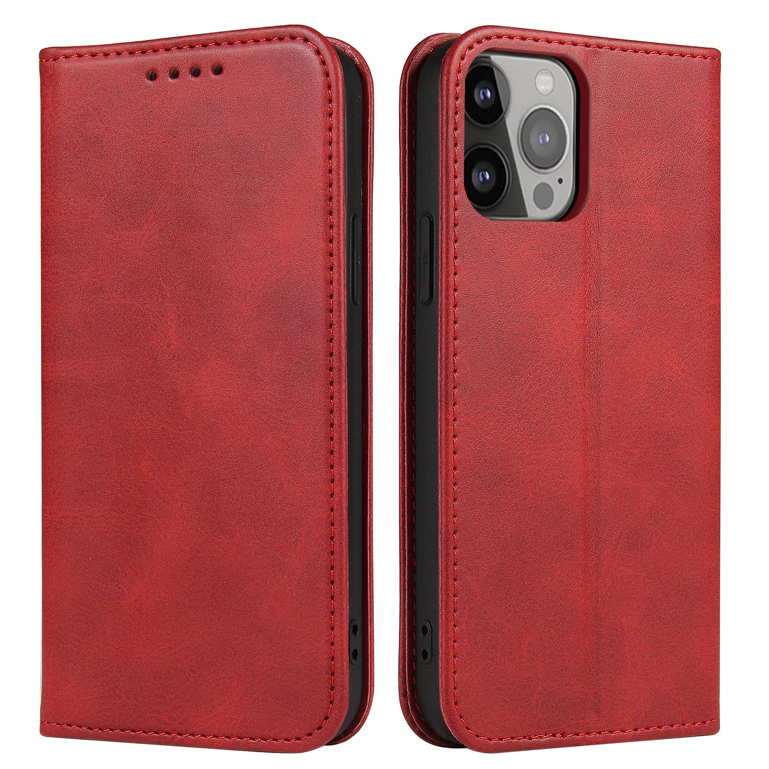 

For iPhone 13 Pro 6.1 inch Cell Phone Case Wallet Magnetic Leather Stand Calf Texture Phone Cover Red