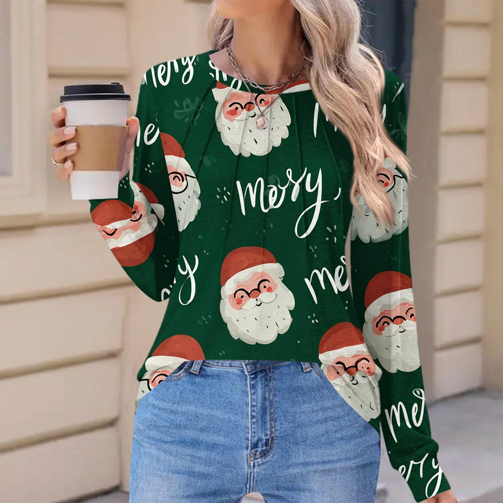 

Women s Fashionable Casual Christmas Printed Pleated Comfortable Round Neck Loose Long Sleeve T-Shirt Top L армия зеленый