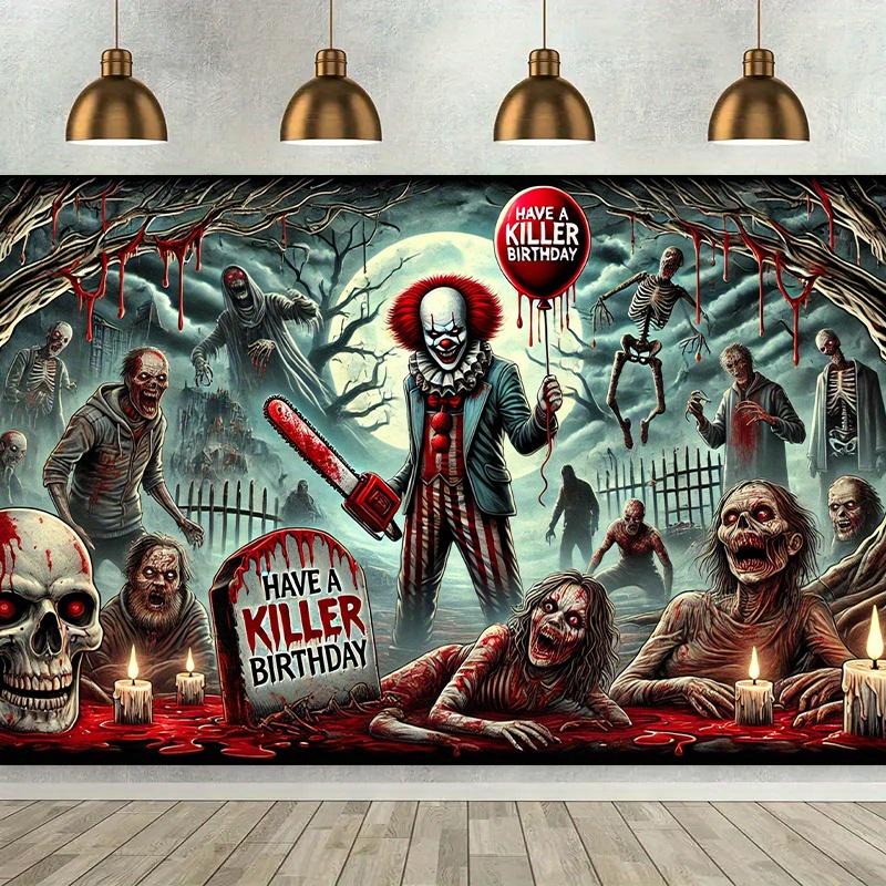 Horror Clown Birthday Background - Killer Birthday theme featuring zombies skulls and blood splatter - Polyester decoration 100x150cm