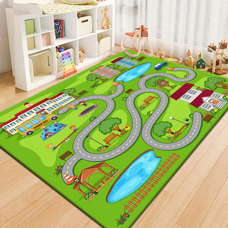 Cartoon Roadway Velvet Rug: Durable, Dirt-resistant Play Mat for Kids