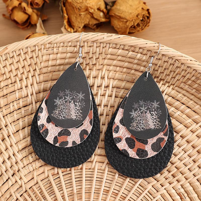 European & American Christmas Tree Teardrop Sequin Earrings, Leopard Print PU Leather.