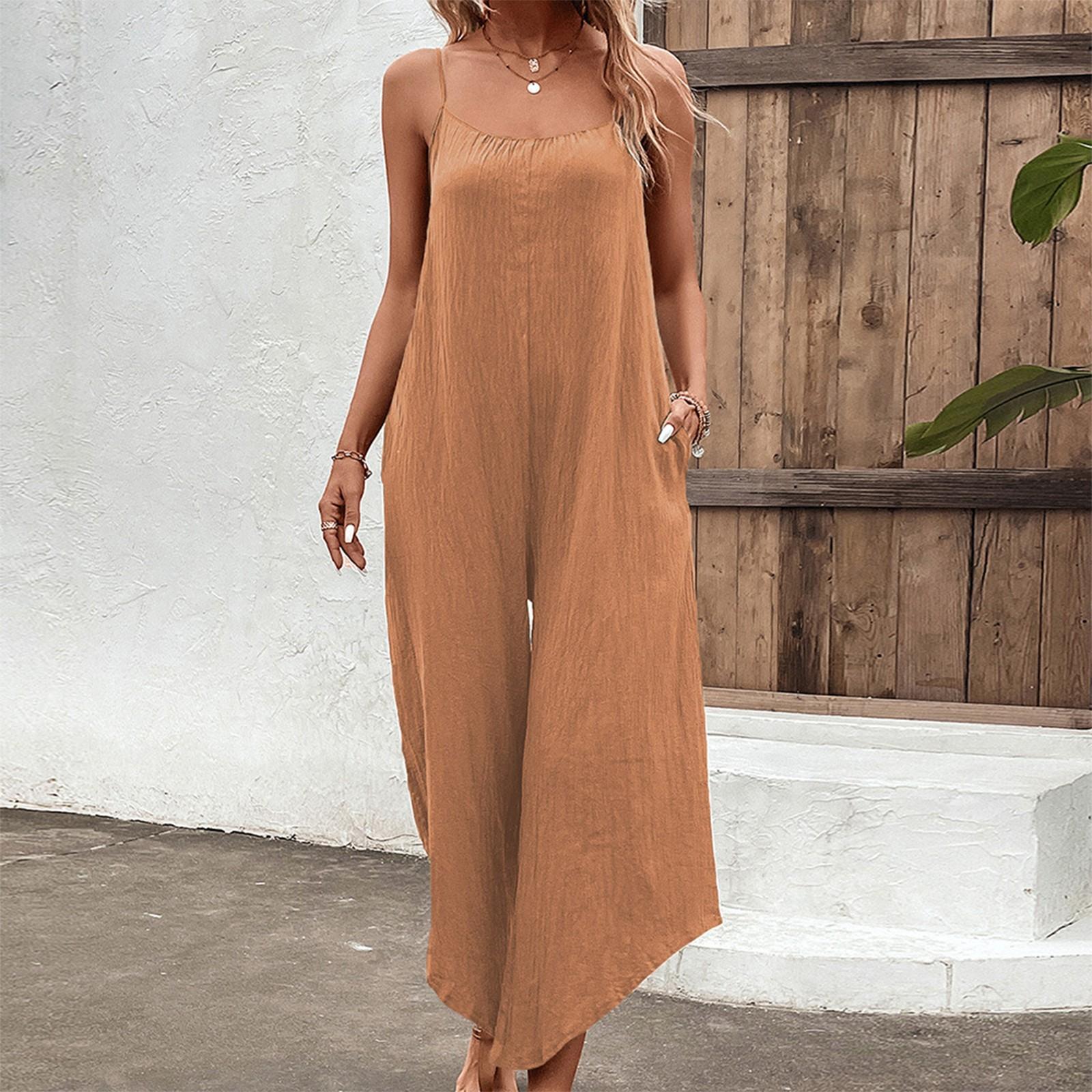 

Женский модный однотонный карманный асимметричный комбинезон без рукавов с широкими штанинами XL хаки