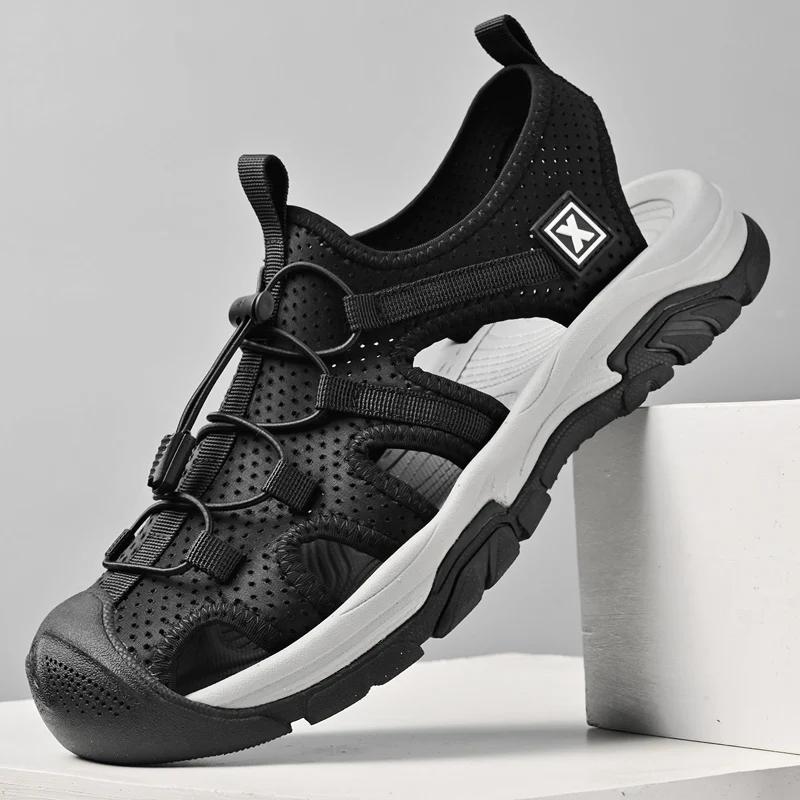 Fashion Walk Mens Sandals Men Summer Casual Shoes Outdoor Beach Flats Anti-collision Toe Hollow Out Roman Shoes Wading Aqua Sneakers