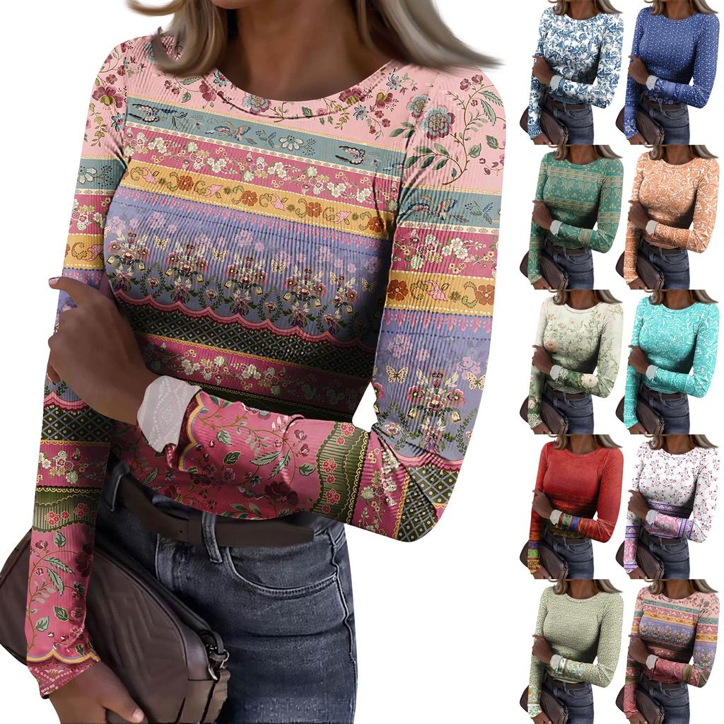 Women's Slim Bottom T-shirt Fashion Casual Gradient Printing Round Neck Pullover Long Sleeve Top