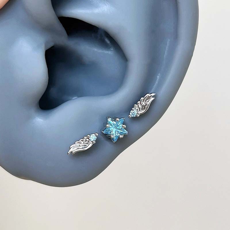 Stainless Steel Red Zircon Heart Wing Stud Earrings for Women Men Punk Metal Star Temperament Ear Bone Nail Earrings Y2K Jewelry