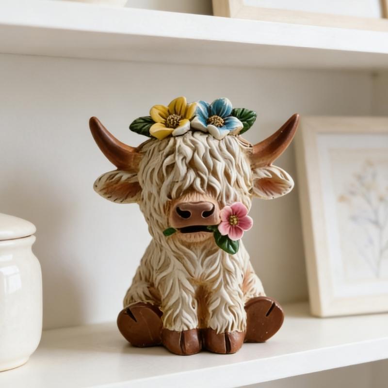 High Land Cow Miniature Figurine with Flower Design Cow Gnomes Scottish Resin Farm Animal Statue Holiday Calf Lover Gift