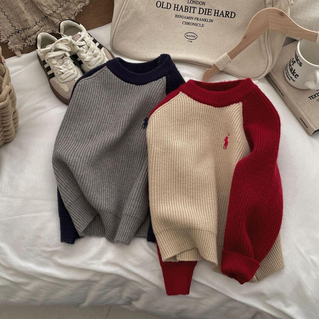 2024 Autumn/Winter Kids' Color Block Round Neck Sweaters: Korean Style Thick Pullover for Boys and Girls Trend