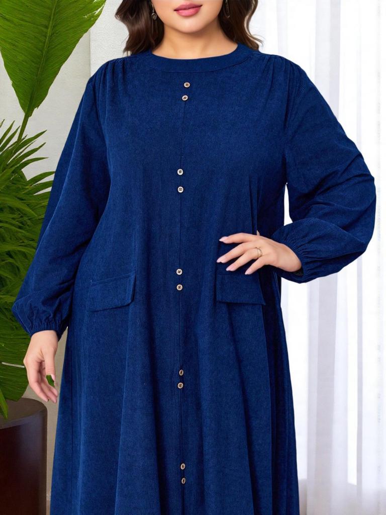 Middle East Plus Size Pleated Solid Long Sleeve Loose Lantern Dress: Comfortable, Flaw-Covering, Slimming Long Skirt