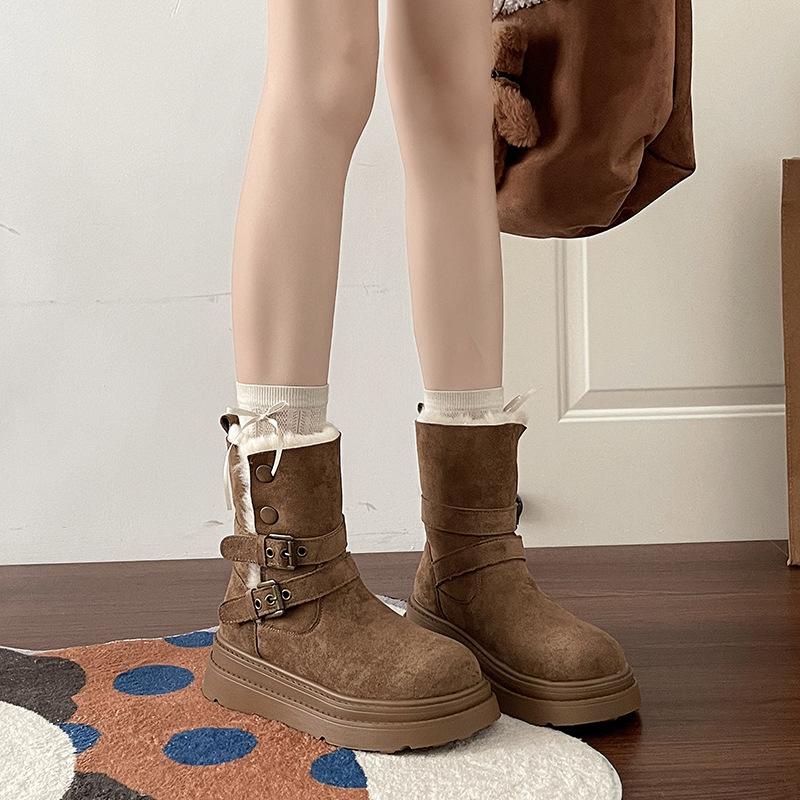 Vintage Crossbuckle Women's Martin Boots Autumn and Winter Popular Skinny Casual Snow Boots Suede Short Boots Cotton Shoes