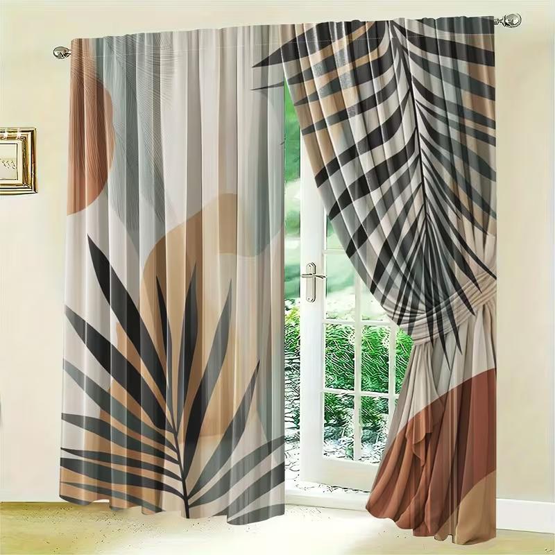 2PC Modern Abstract Palm Leaf Curtains - Boho Tropical Geometric Print Window Drapes for Living Room Bedroom Decor
