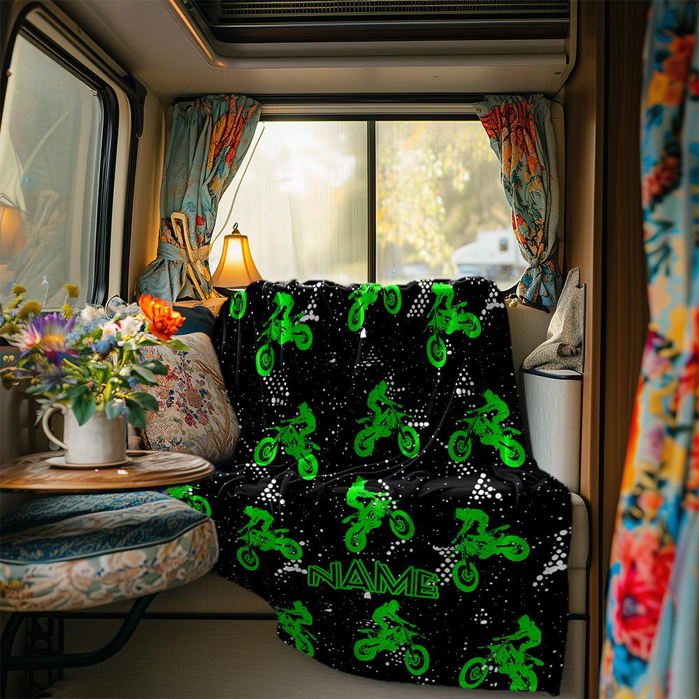 Green Dirt Bike Riders On Black Background Design Blanketcustomizable With Your Namecomfortable And Stylish Perfect For Travel Beds Chairs Offices