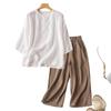 Southeast Asia Retro Embroidered Cotton-Linen Two-Piece Set: Seven-Sleeve Shirt & Wide-Leg Pants