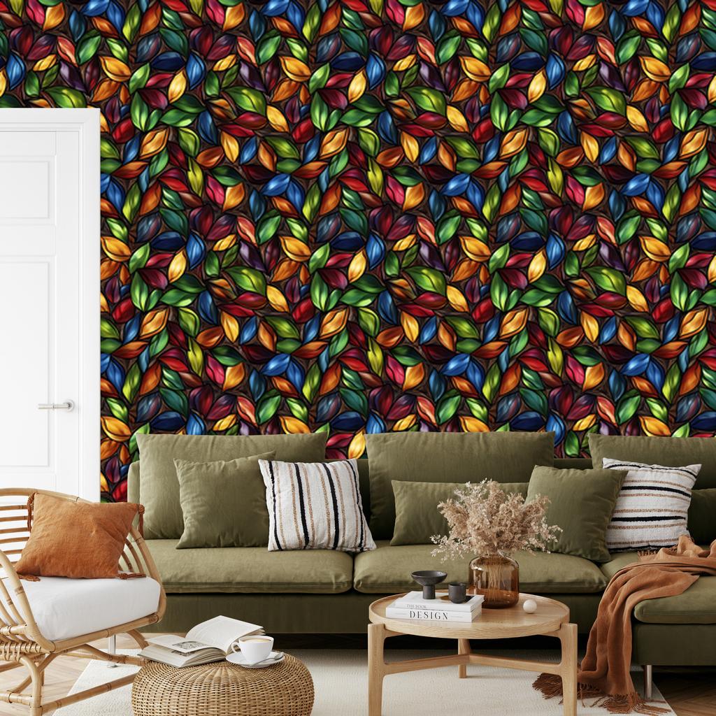 Burgundy, rust and navy blue stained glass wallpaper for living room and bedroom 50x1000