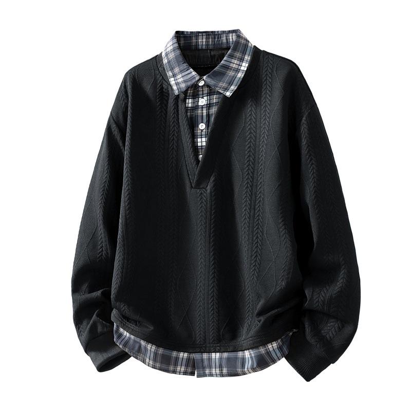 2026 Spring/Autumn Trendy Casual Plaid Hoodie - College Style, Loose Fit, Fake Two-Piece, Long Sleeve