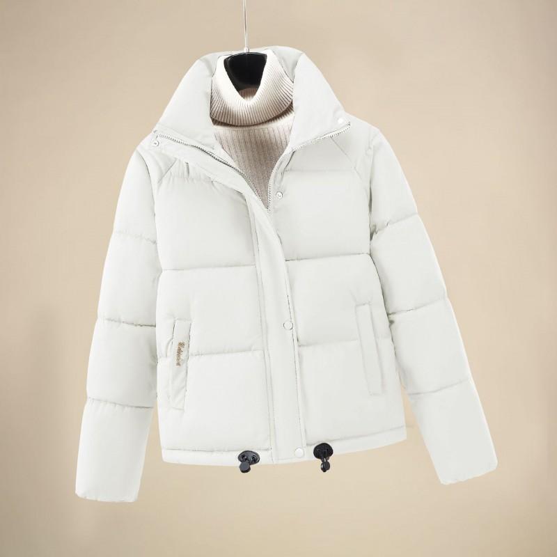 Womens Short Puffer Coat Winter Warm Loose Fit Cotton Jacket Stand Collar Solid Color Urban Street Style