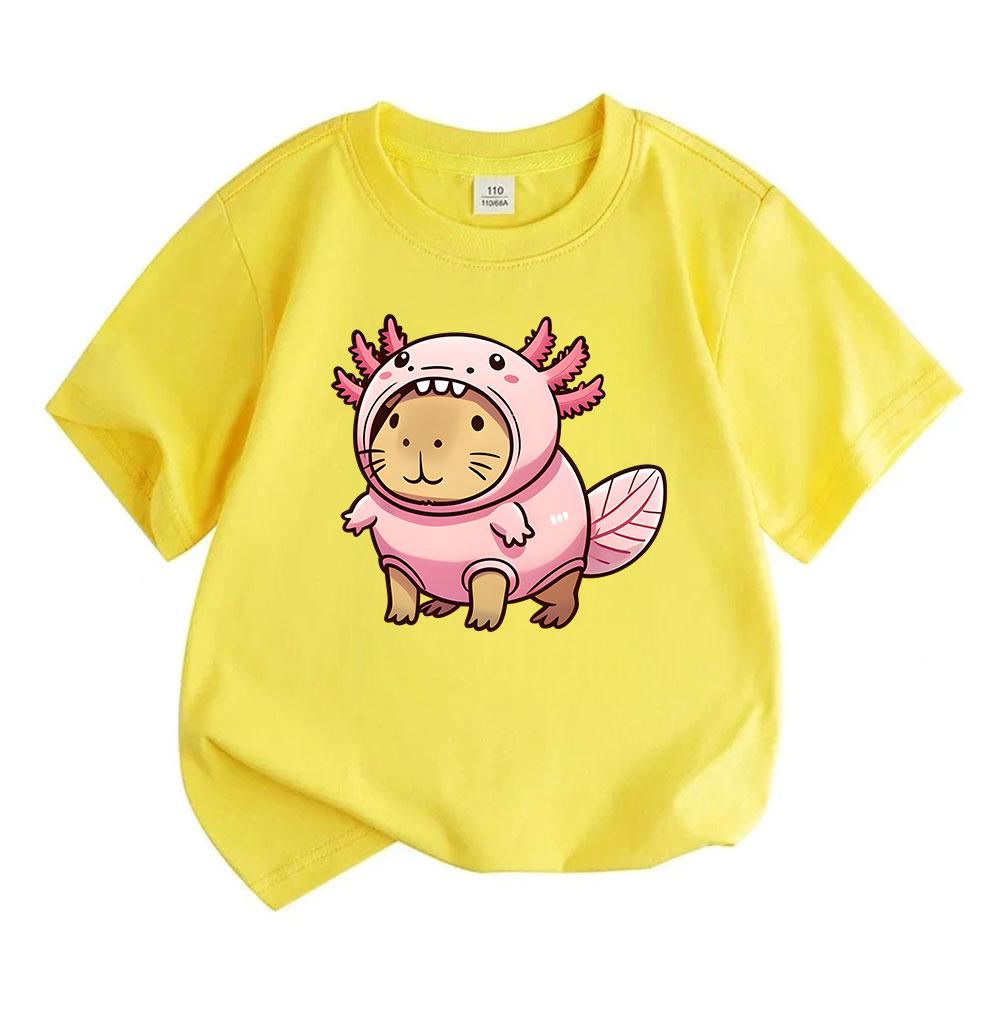 Kids Boys Girls 100% Cotton Crew Neck Short Sleeve T-Shirt, Cute Capybara In Axolotl Costume Printed Casual Soft Breathable Summer Tee For Children Da