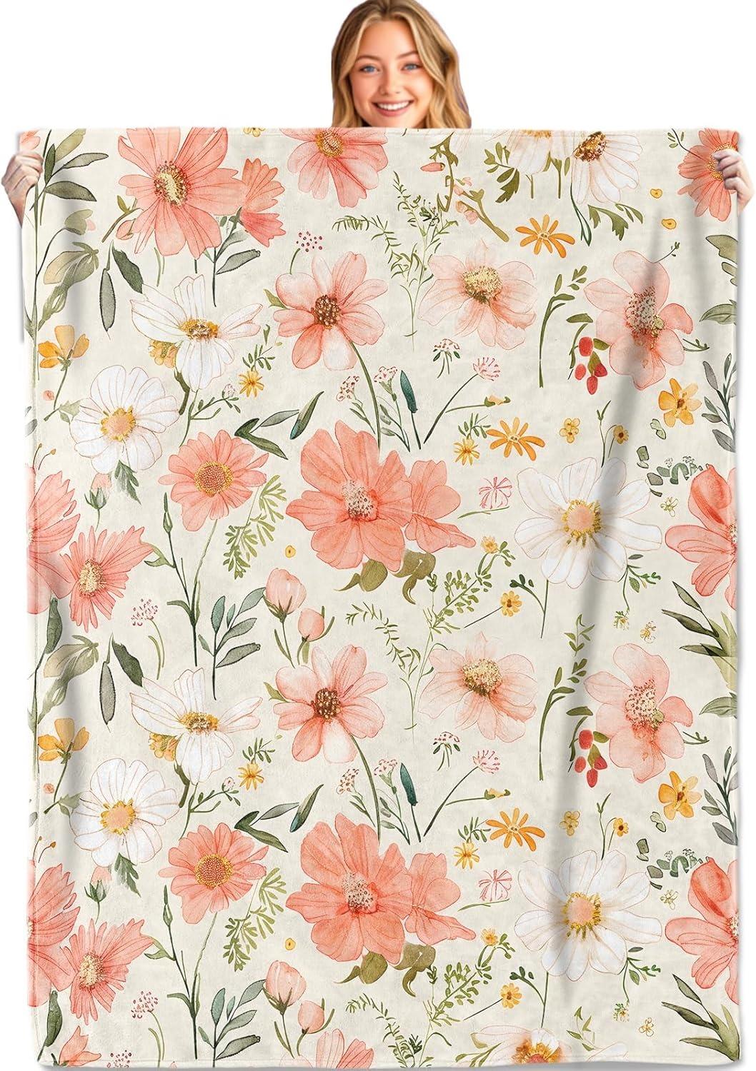 

1PC White Daisy pattern Throw Thin Blanket Gifts for Couch Bed Car Home Camping For Lovely Flowers Fruit Lovers all season use 75cmx90cm