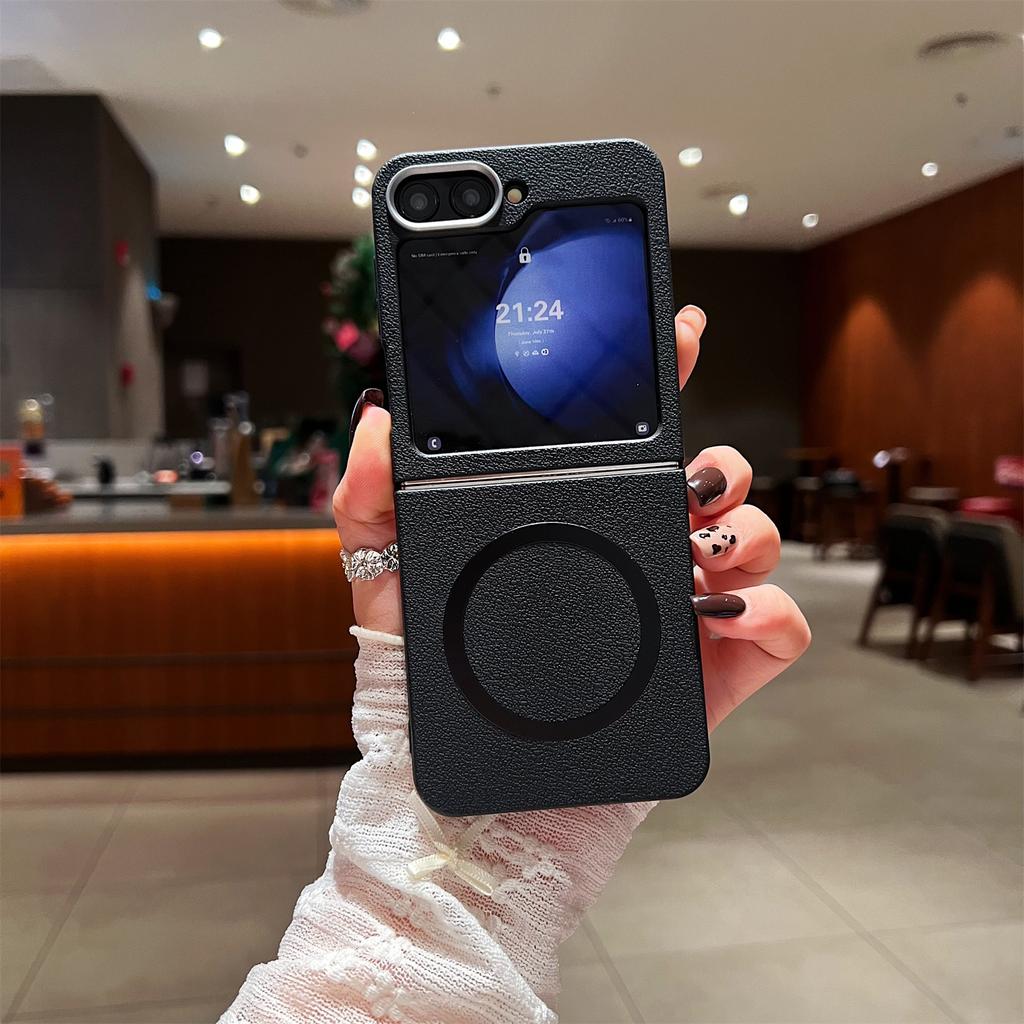 For Samsung Galaxy Z Flip6 5G Phone Cases Leather Texture TPU Back Cover Support Wireless Charging