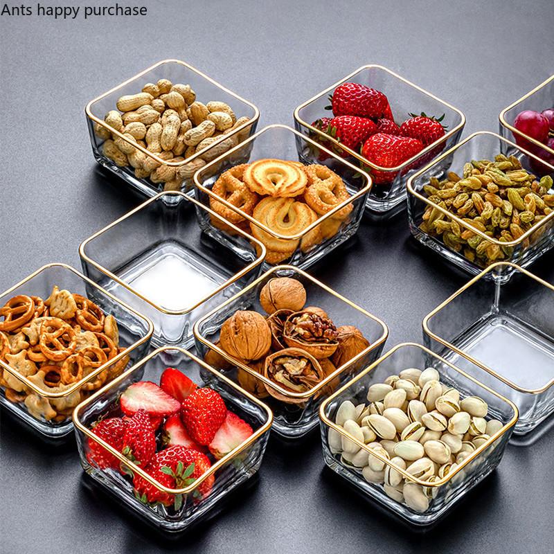 Glass Snack Platter Multi-cell Suit with Rectangular Wooden Pallet Home Square Dried Fruit Snack Bowl Fruit Plate Tableware