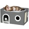 Foldable Indoor Cat House with Scratcher, Raised Bed, Entrances, Hanging Toy, Reversible Cushion, 60x40x34cm, Grey