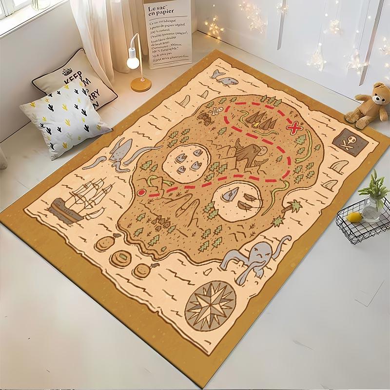 Antique Treasure Map-Inspired Carpet with Pirate Symbols for Kids Room Suitable for use as an anti-slip for living room bedroom sofas