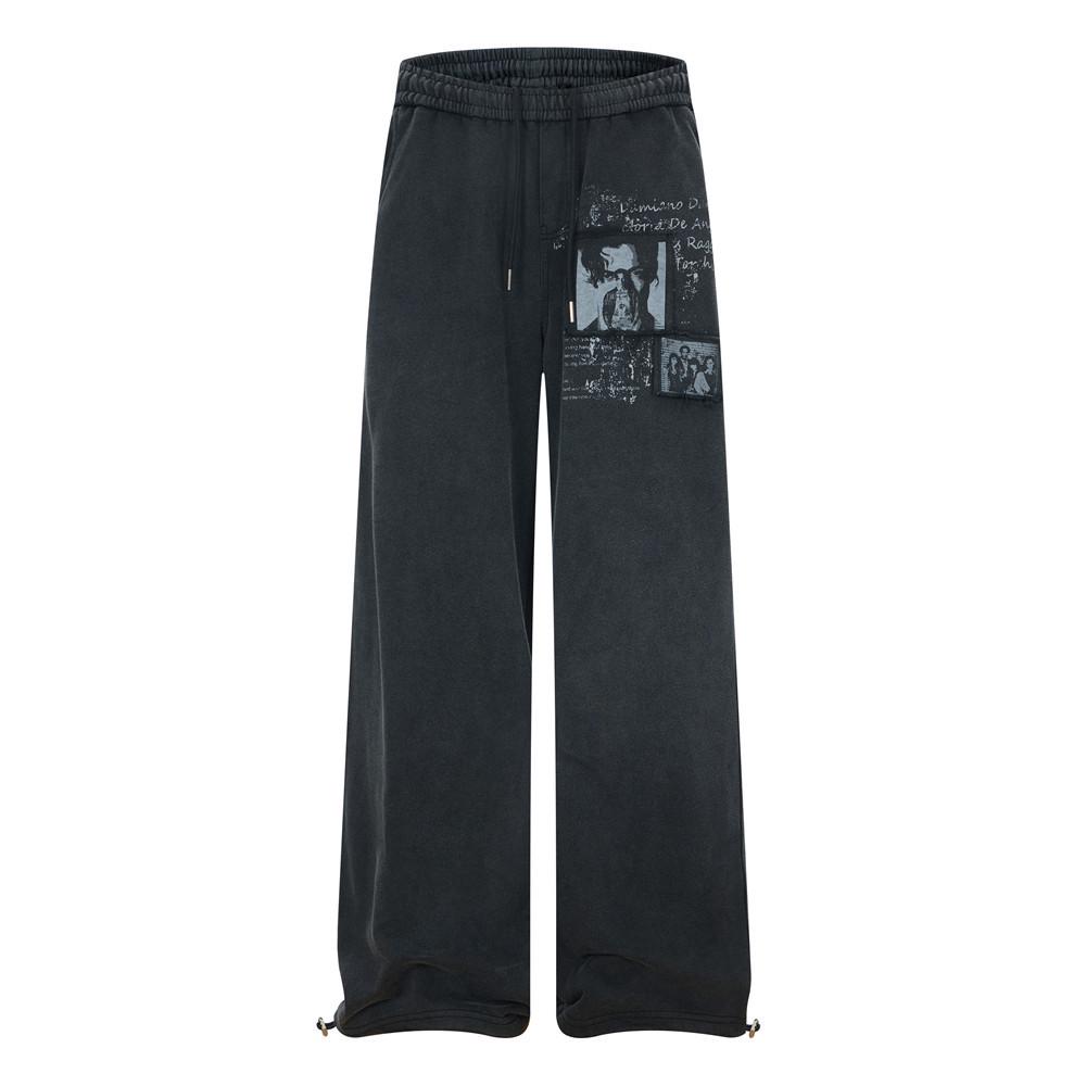 

Punk Retro Distressed Joggers: Dark Character Patch Print Loose Straight-Leg Unisex Pants Medium