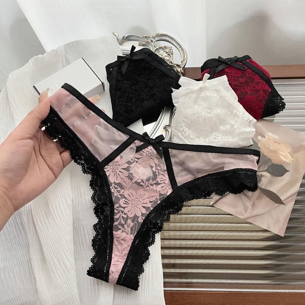 Lace Bow Sexy Thong Transparent Women's Lingerie Low Waist Flower Embroidery Mesh Perspective Hollowed Panties Briefs