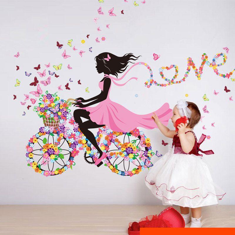 Entzückende PVC Mädchen Kunst Wandaufkleber für Kinderzimmer mit Schmetterlings- und Blumenmustern