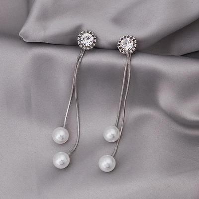 925 Silver Korean Zircon Pearl Tassel Earrings