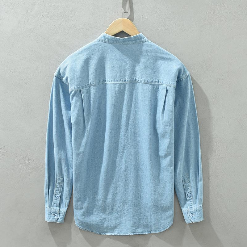 Korean Simple Style Light Blue Denim Shirt Men Spring/Autumn Daily Casual Shirts Stand Collar Pure Cotton Long Sleeve Shirt with Pocket