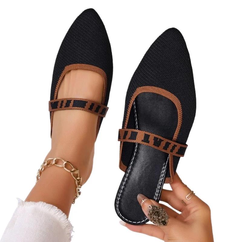 Fashion 2024 New Summer High Quality Women's Shoes Fashion Baotou Women's Slippers Fabric Pointed Toe Square Heel Women's Flat Shoes
