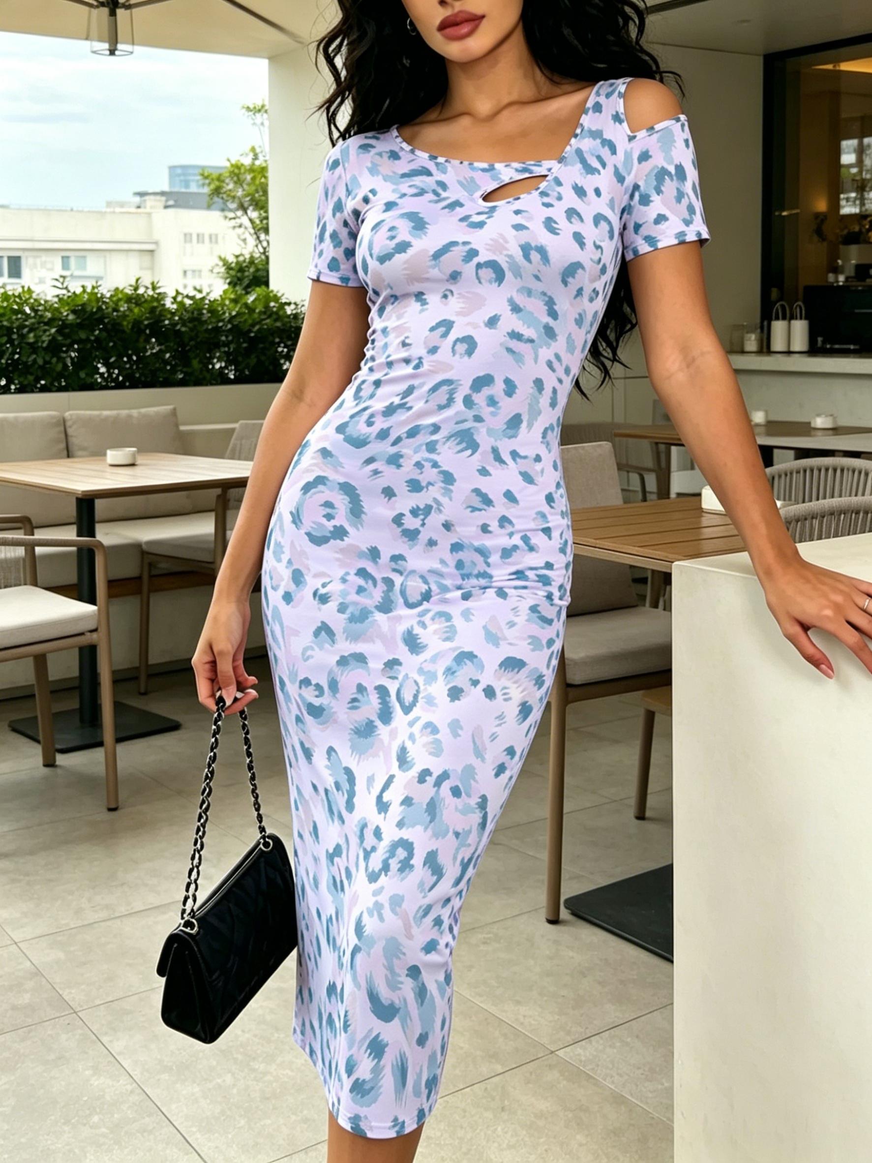 Women Summer Purple Blue Leopard Print Bodycon Midi Dress Cold Shoulder Slim Fit Sexy Cutout Elegant Dress XS