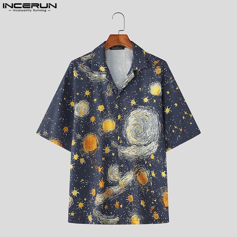 INCERUN Oversized Men Casual Lapel Neck Short Sleeve Printing Buttons Shirts